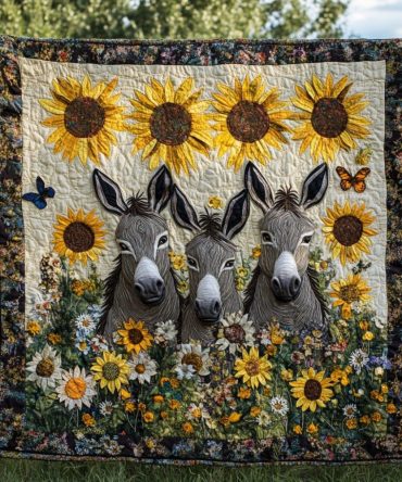 Sunflowers Charming Donkeys Quilted Blanket