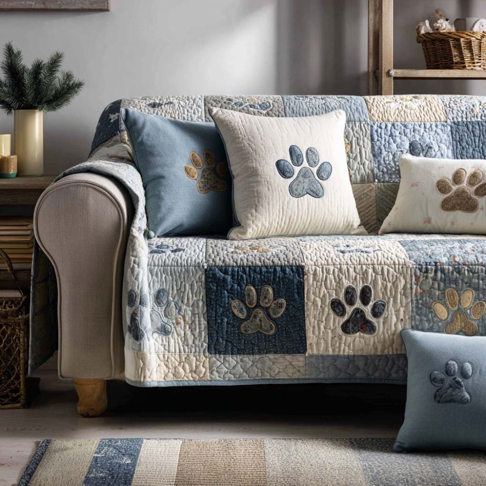 Sweet Paw Prints Quilted Sofa Cover