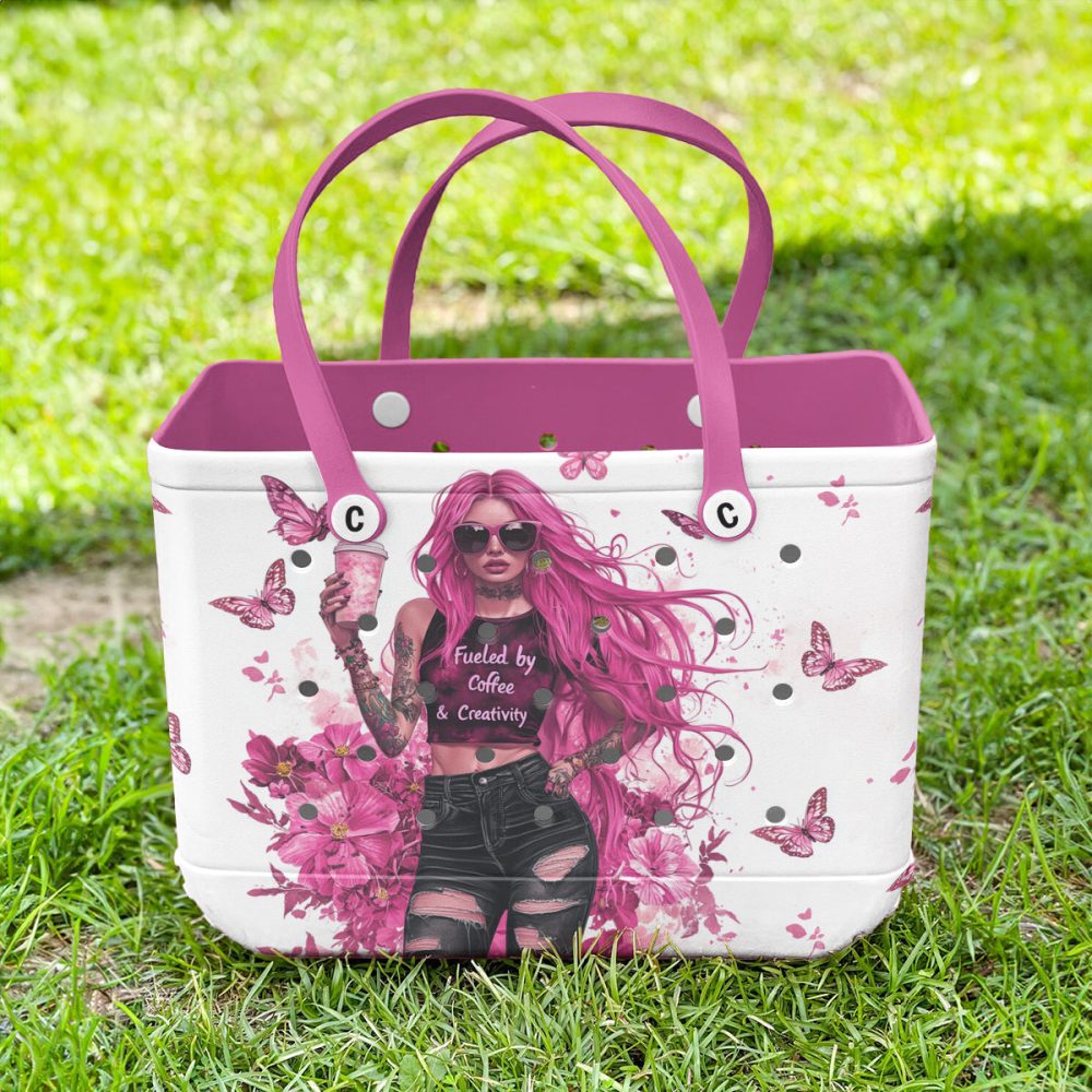 Trendy Pink Tote Bag - Coffee & Creativity Design, Butterfly Accents - Perfect For Stylish Outings - Image 5