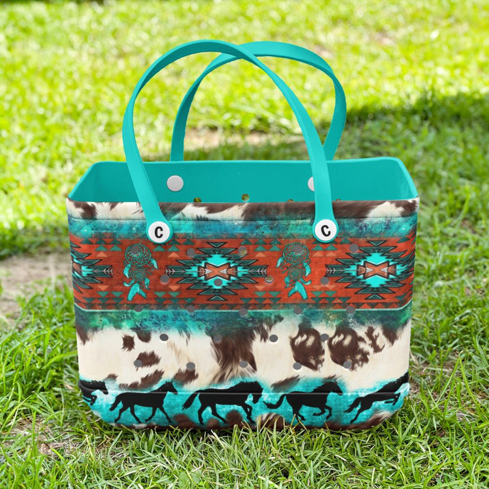 Stylish Tribal Print Tote Bag With Turquoise Handles – Perfect For Boho Chic Fashion - Image 5