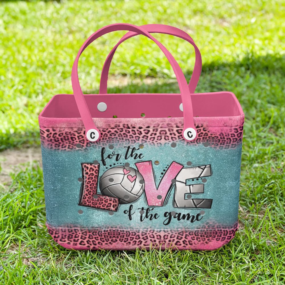 Volleyball Lover'S Tote Bag - Stylish Pink & Teal Leopard Print With Heart Design - Perfect For Game Day! - Image 4