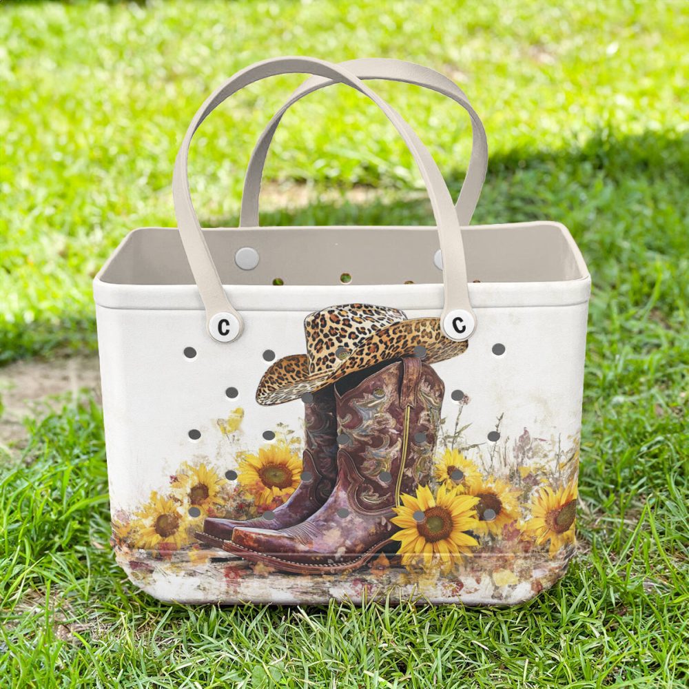Chic Western Tote Bag - Cowboy Boots & Sunflowers Design With Leopard Hat Accent - Image 5