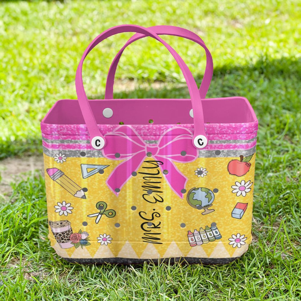 Custom Teacher Tote Bag - Personalized School Supplies Design, Pink & Yellow - Image 5