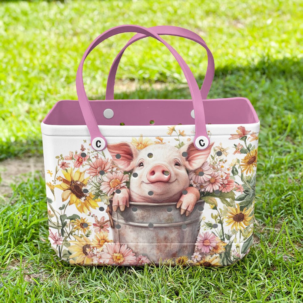Adorable Pig & Floral Tote Bag - Cute Farm Animal Design For Nature Lovers - Image 2