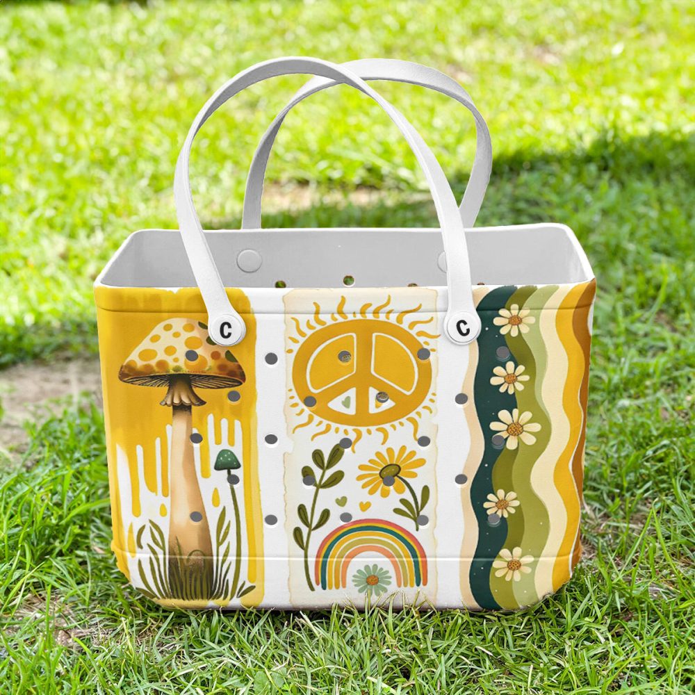 Retro Boho Chic Tote Bag - Peace, Love & Sunflower Design - Durable & Stylish For Everyday Use - Image 4