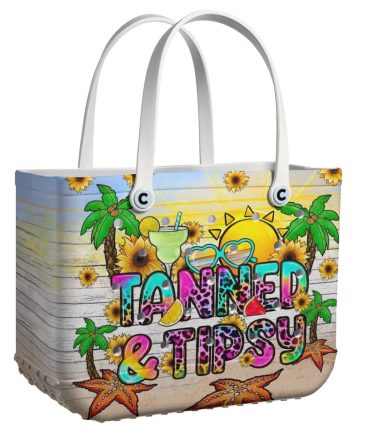 Vibrant Beach Tote Bag - 'Tanned & Tipsy' Design , Perfect For Summer Adventures!