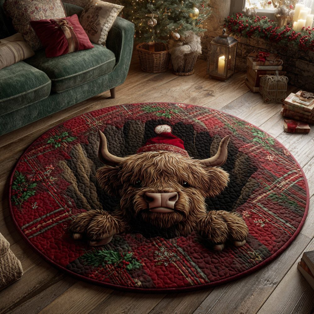 Tartan Highland Cow Quilted Round Mat