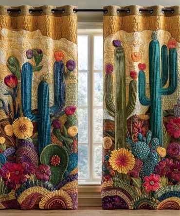 Teal Bloom Cactus Quilted Curtains