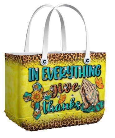 Vibrant Inspirational Tote Bag - 'In Everything Give Thanks' Design With Cross & Butterflies - Perfect For Daily Use