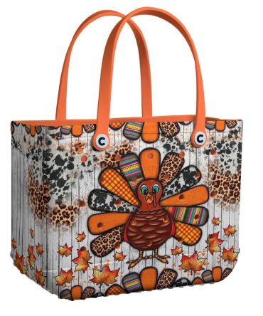 Festive Turkey Tote Bag – Vibrant Autumn Design With Leaves & Animal Print, Perfect For Thanksgiving Shopping