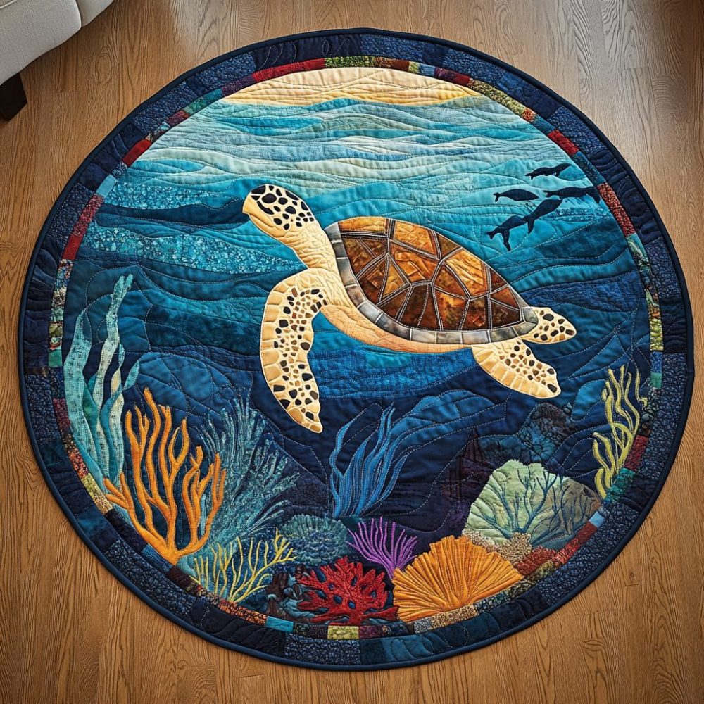 Tidal Turtle Journey Quilted Round Mat