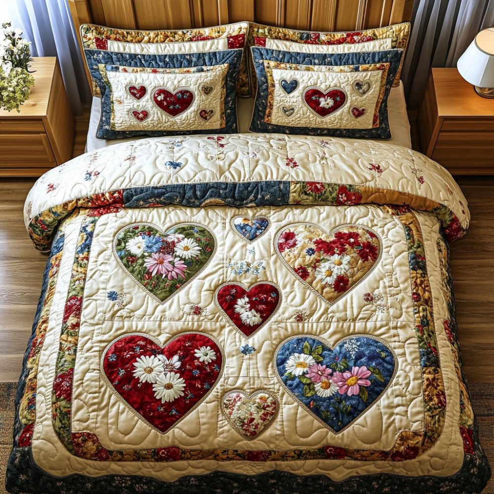 Timeless Hearts Bloom 3-Piece Quilted Bedding Set