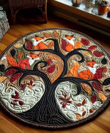 Tree Of Foxes Quilted Round Mat