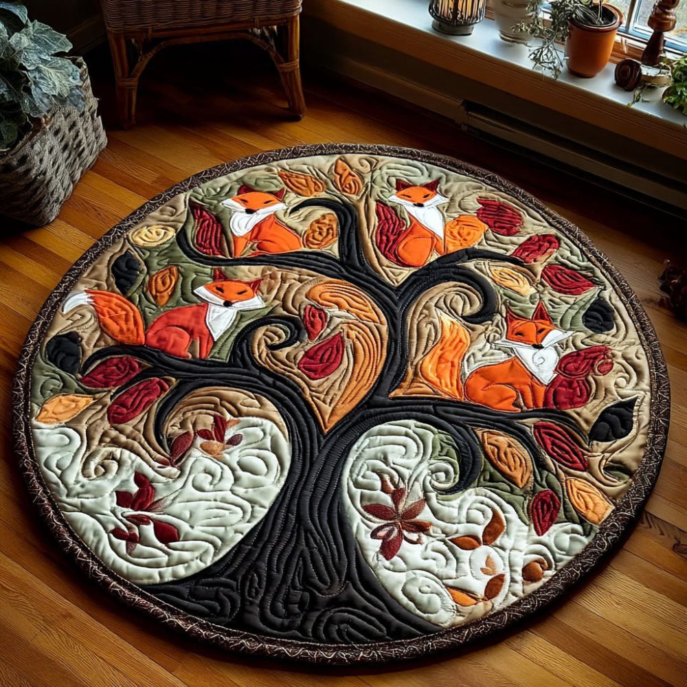 Tree Of Foxes Quilted Round Mat
