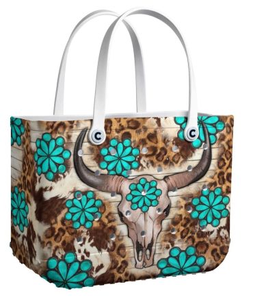 Stylish Western Tote Bag - Turquoise Floral & Bull Skull Design - Perfect For Trendy Outings!
