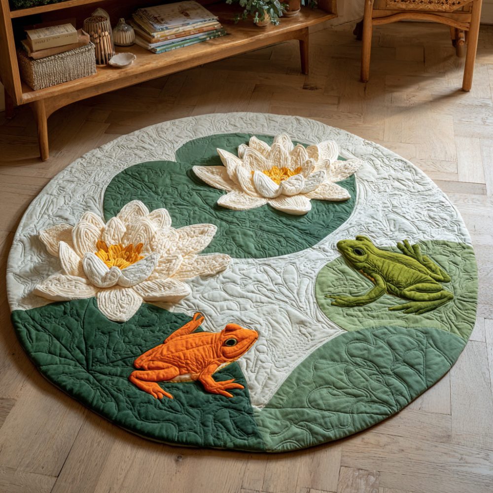 Two Frogs Lilypads Quilted Round Mat