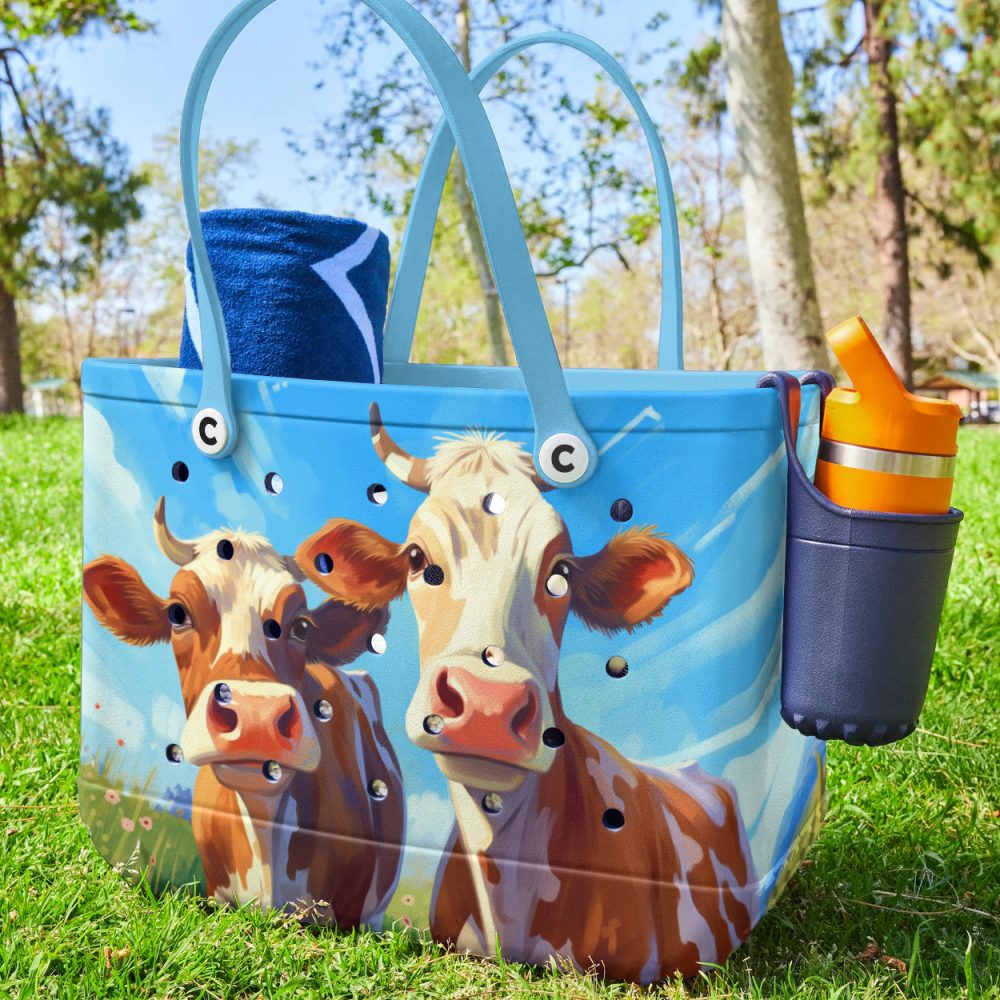 Bucket Tote Bag, Limited Edition Bogg Bag, Beach Bag Two Happy Cows - Image 3
