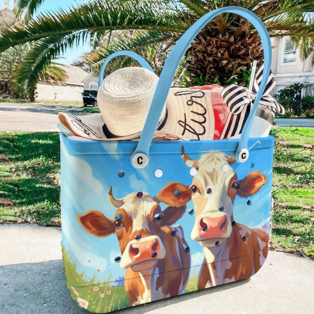 Bucket Tote Bag, Limited Edition Bogg Bag, Beach Bag Two Happy Cows - Image 4