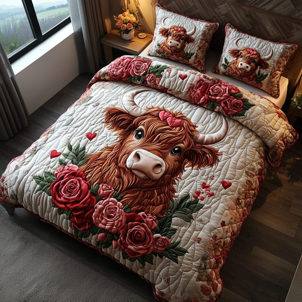 Valentine Highland Cow 3-Piece Quilted Bedding Set