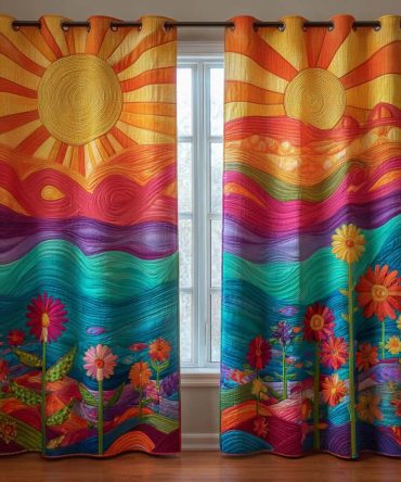 Vibrant Coral Sunrise Quilted Curtains