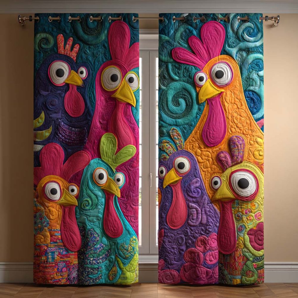 Vibrant Folk Rooster Quilted Curtains