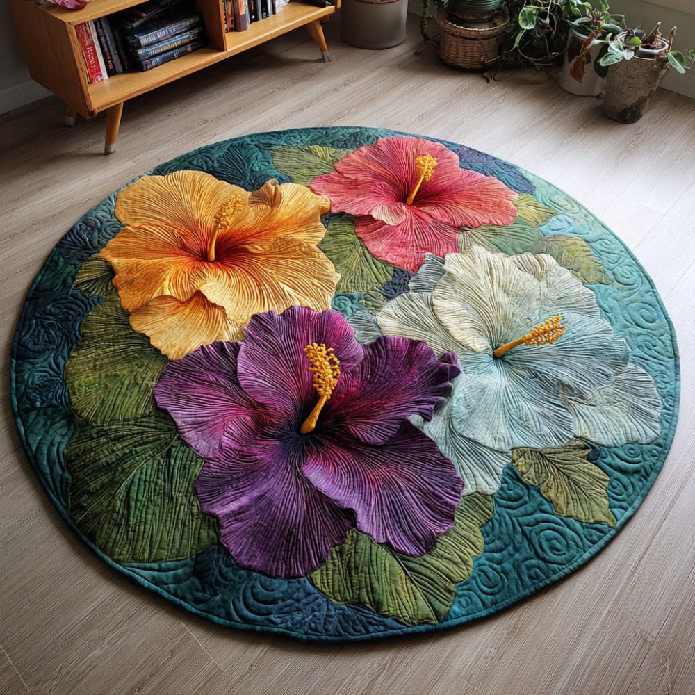 Vibrant Hibiscus Quilted Round Mat