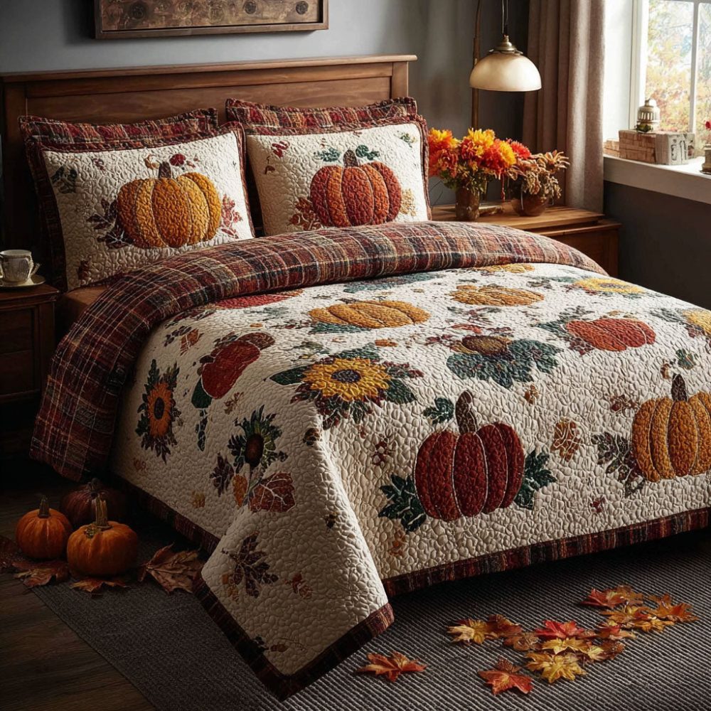 Vibrant Pumpkin Patch 3-Piece Quilted Bedding Set