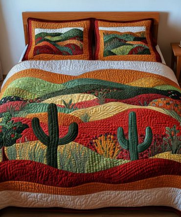 Vibrant Sunset Cactus 3-Piece Quilted Bedding Set