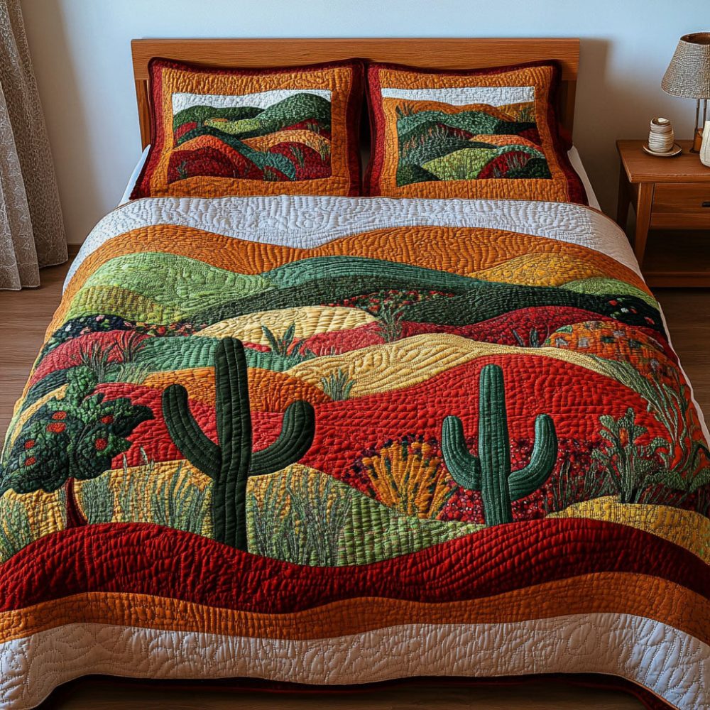 Vibrant Sunset Cactus 3-Piece Quilted Bedding Set