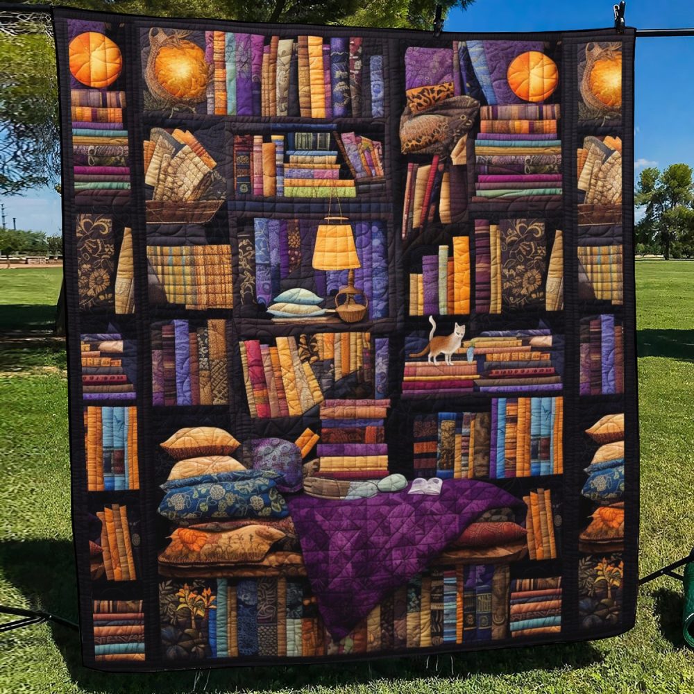 Vintage Bookshelf Quilted Blanket