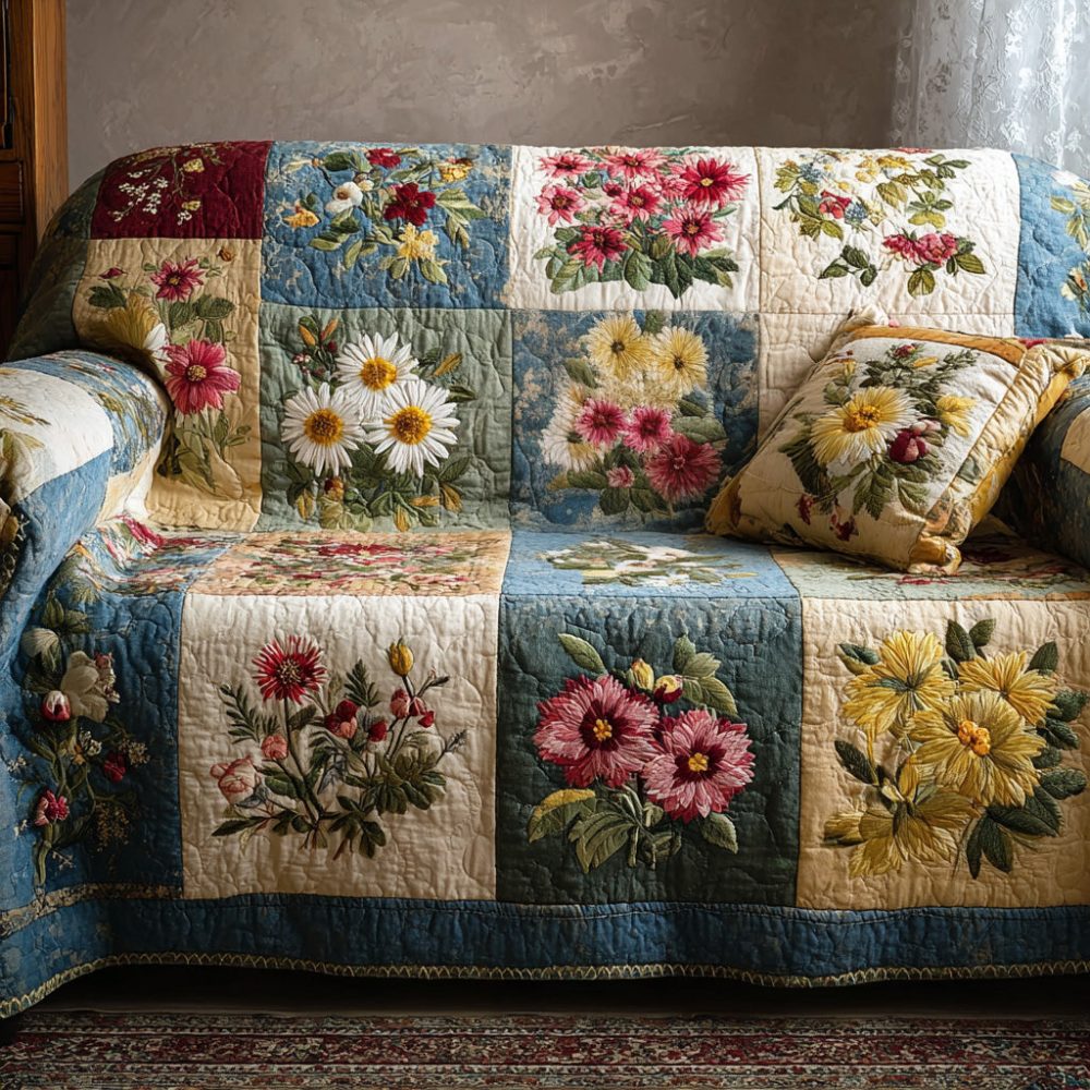 Vintage Bloom Haven Quilted Sofa Cover