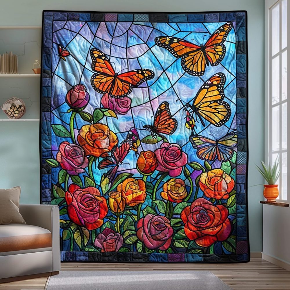 Vivid Monarch Butterflies Quilted Blanket