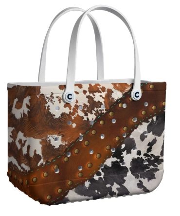 Stylish Cowhide Print Tote Bag With Studded Leather Accent - Durable & Chic For Everyday Use