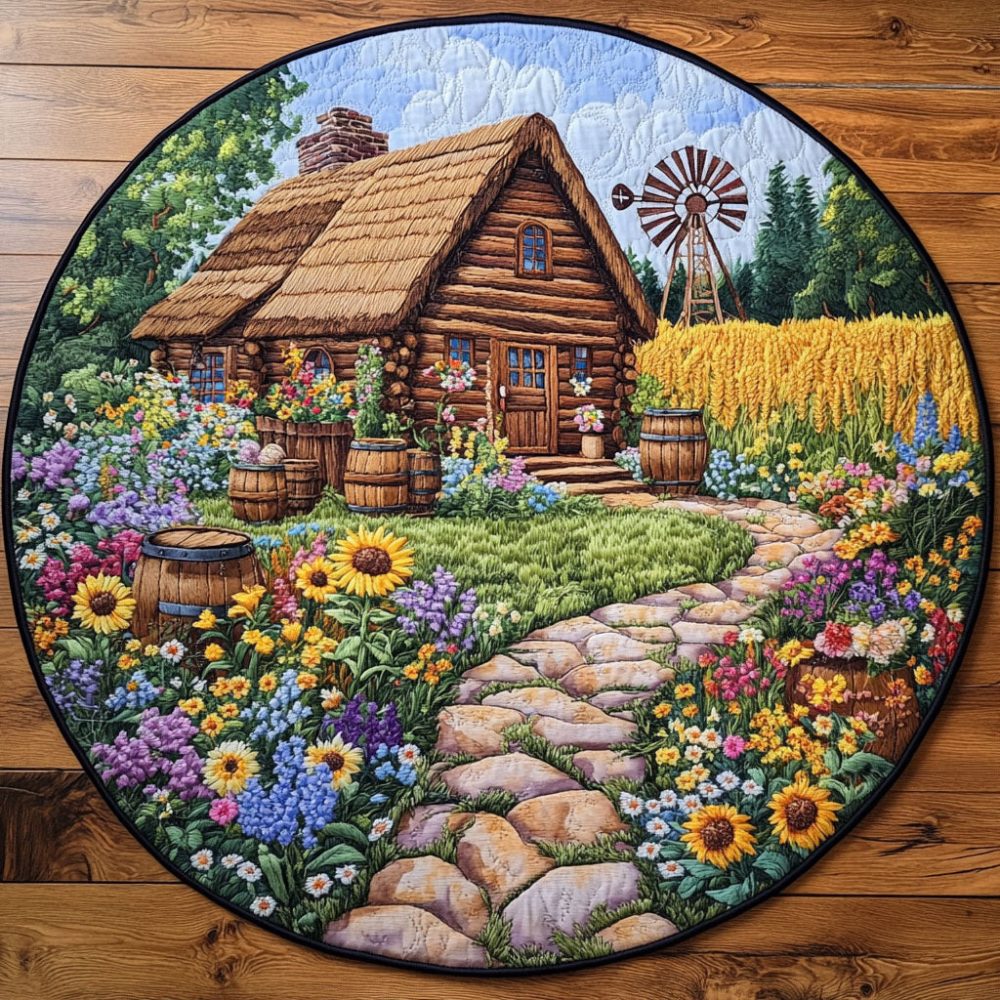 Wheatfield Cabin View Quilted Round Mat
