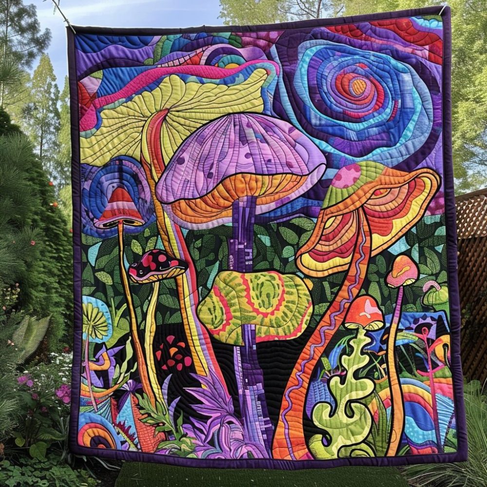 Whimsical Mushrooms Quilted Blanket
