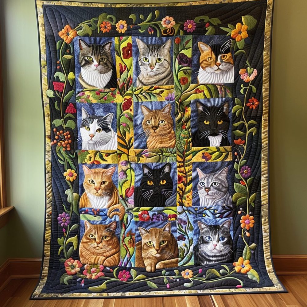 Whimsical Cat Quilted Blanket