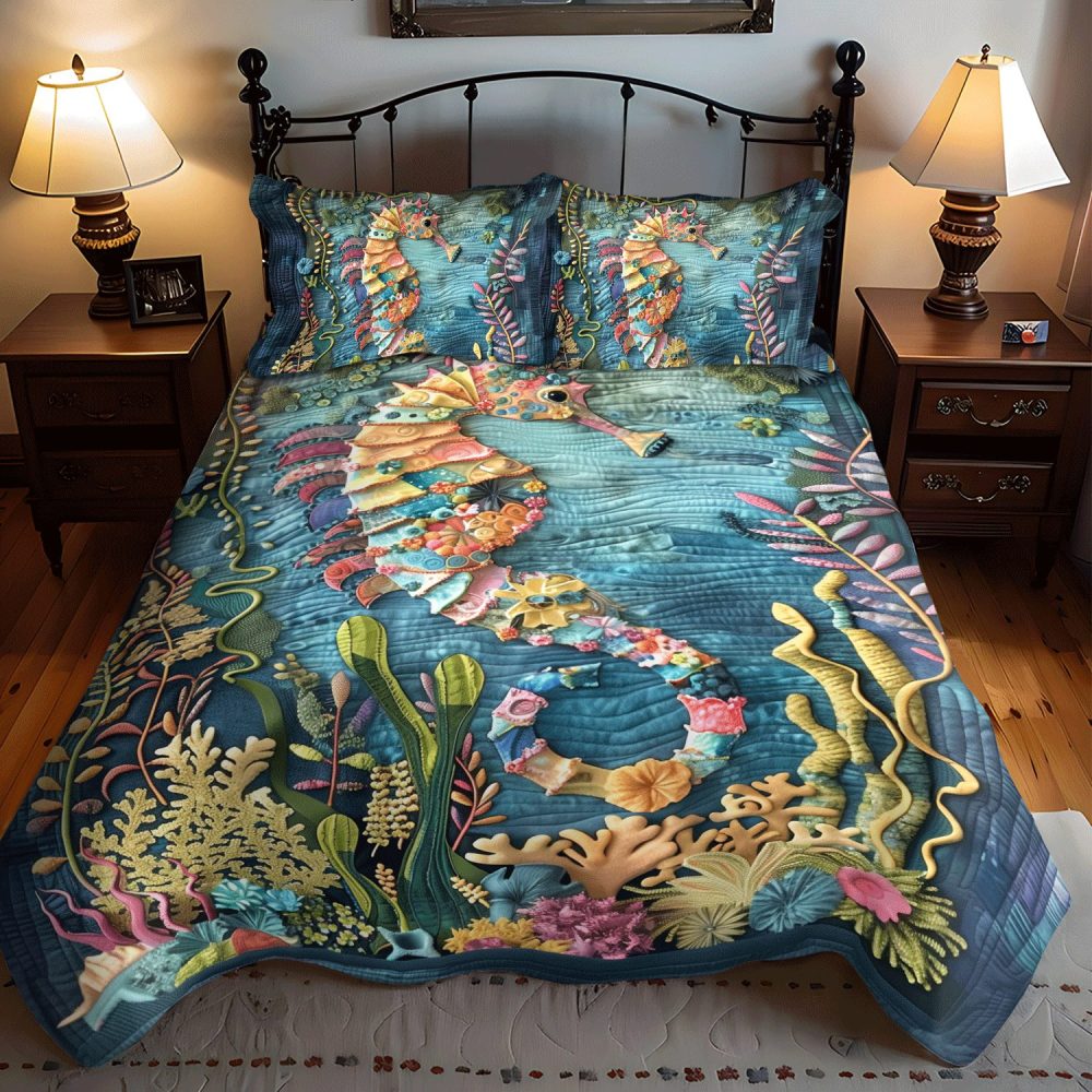 Whimsical Seahorse 3-Piece Quilted Bedding Set