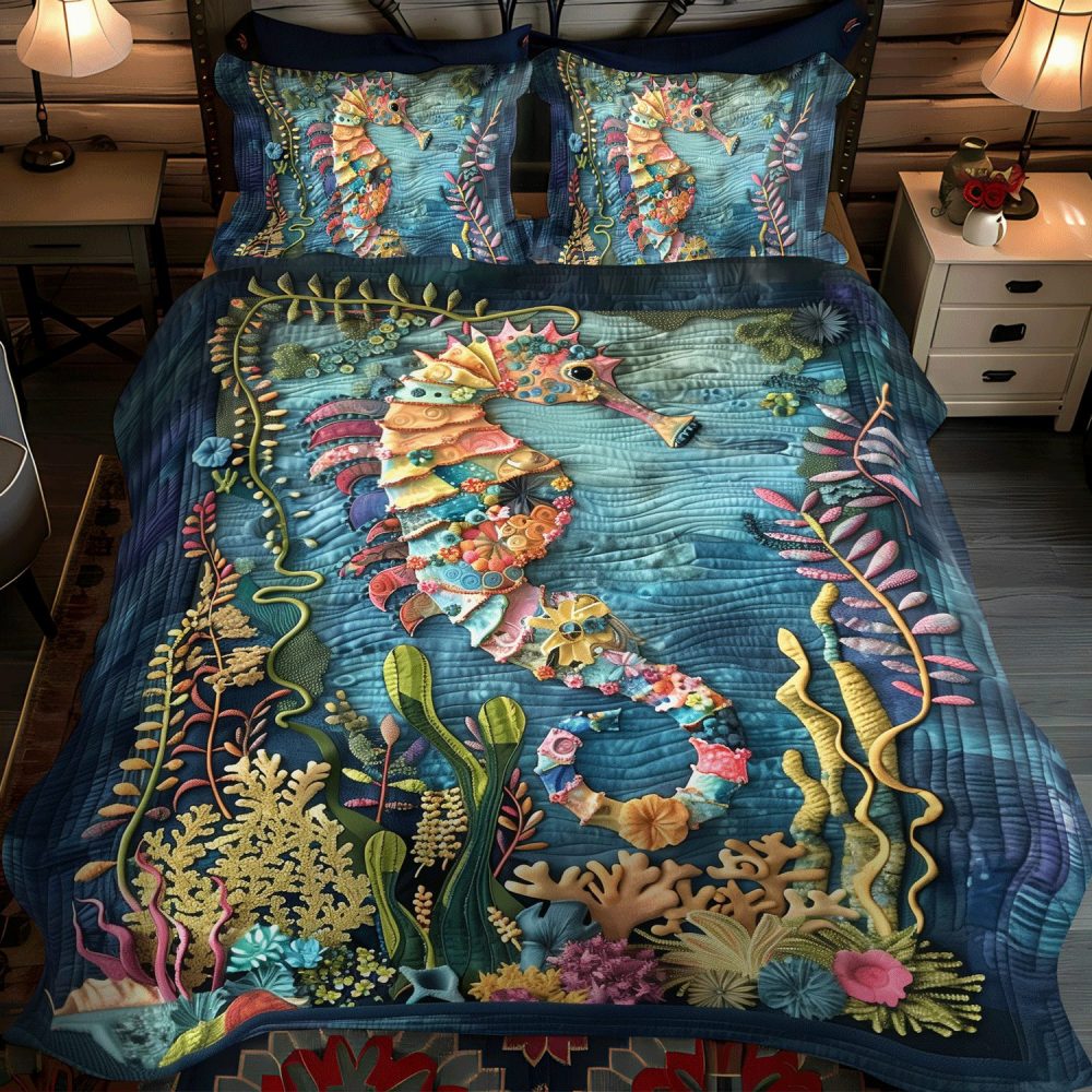Whimsical Seahorse 3-Piece Quilted Bedding Set - Image 2