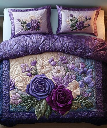 Whispering Wisteria Roses 3-Piece Quilted Bedding Set
