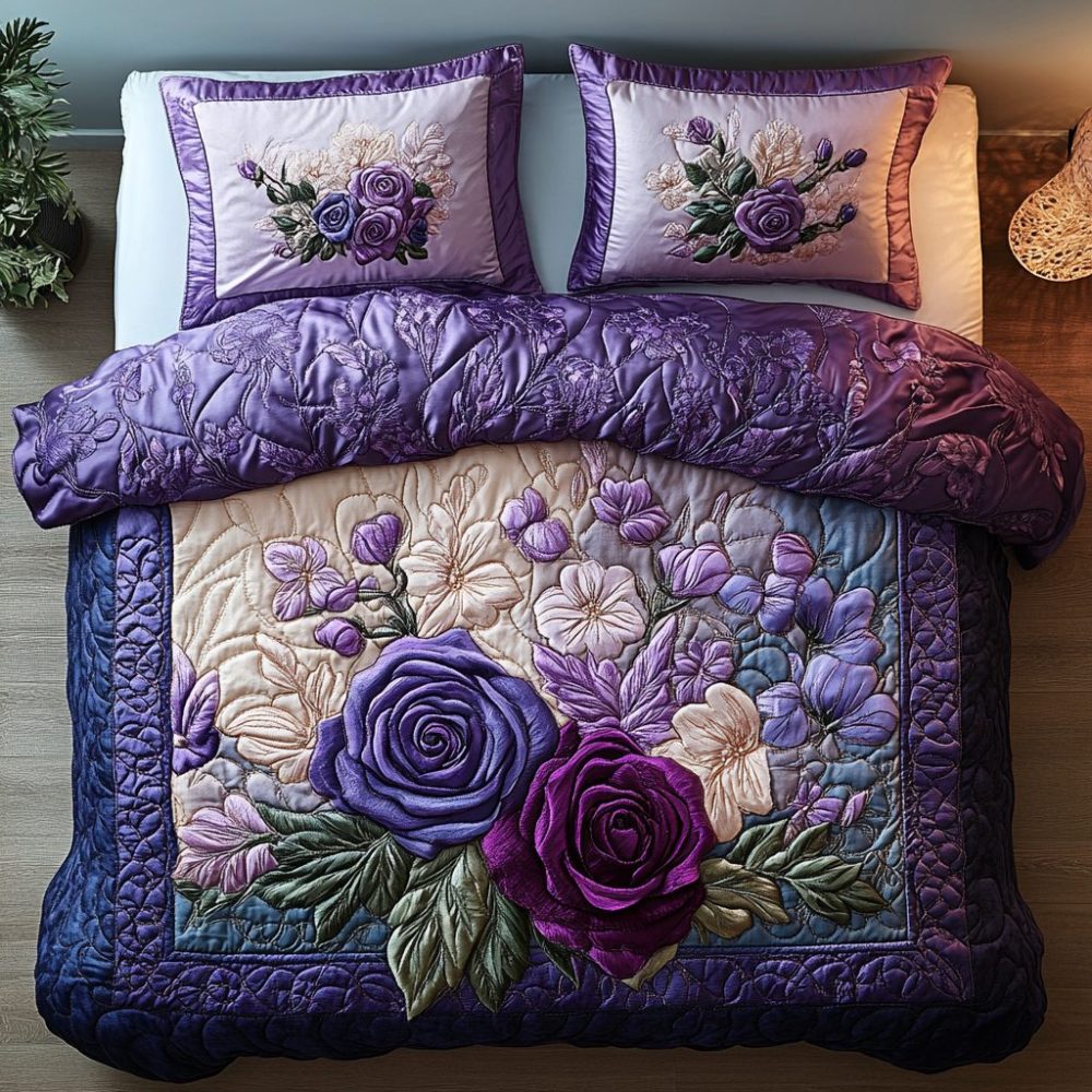 Whispering Wisteria Roses 3-Piece Quilted Bedding Set