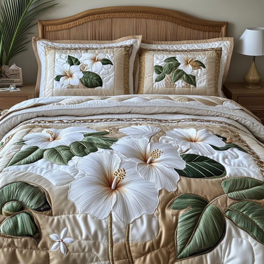 White Hibiscus 3-Piece Quilted Bedding Set