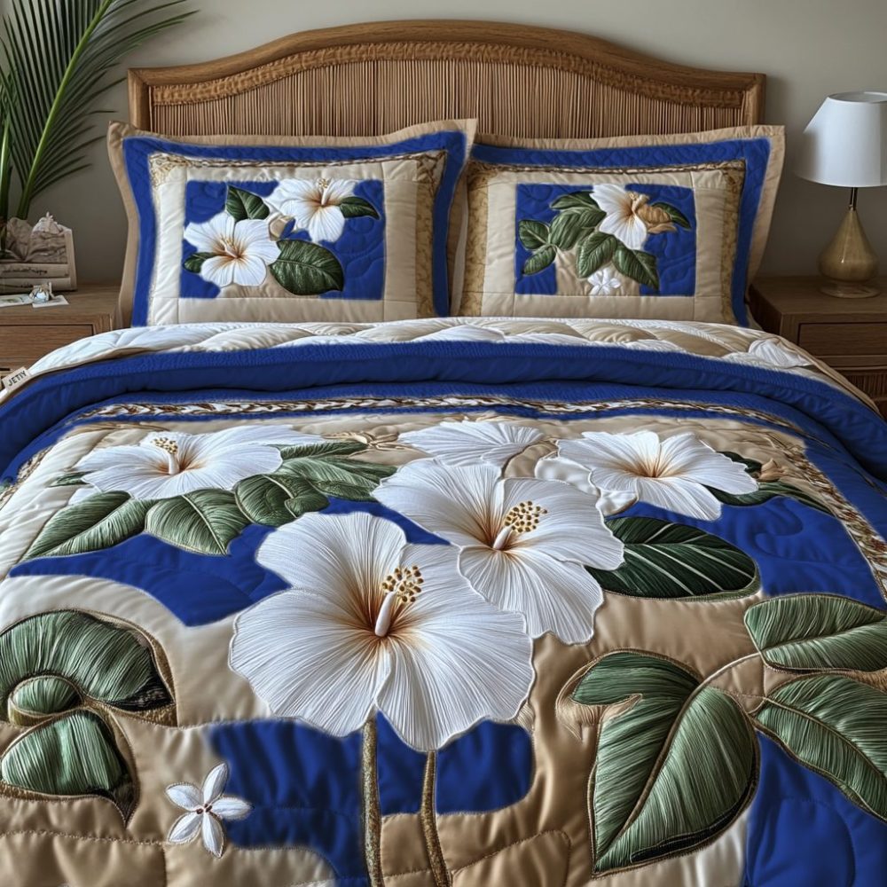 White Hibiscus V2 3-Piece Quilted Bedding Set
