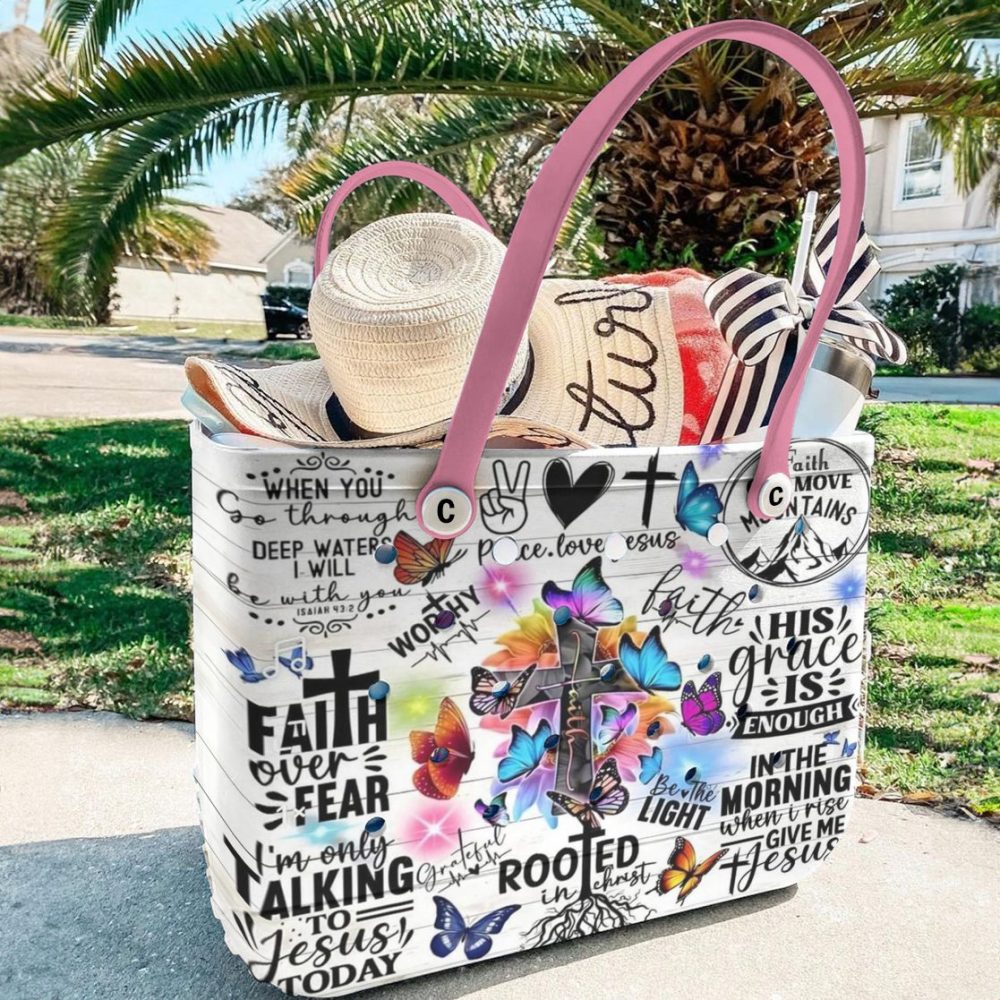 Faith-Inspired Tote Bag With Vibrant Butterfly & Cross Design - Perfect For Daily Use - Image 2