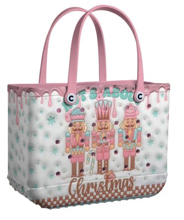 Festive Nutcracker Christmas Tote Bag - Pink & White Holiday Design For Shopping & Gifts