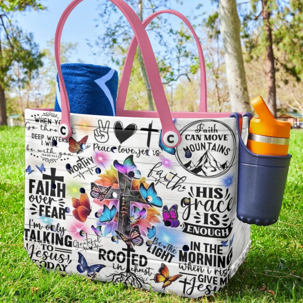 Faith-Inspired Tote Bag With Vibrant Butterfly & Cross Design - Perfect For Daily Use - Image 4