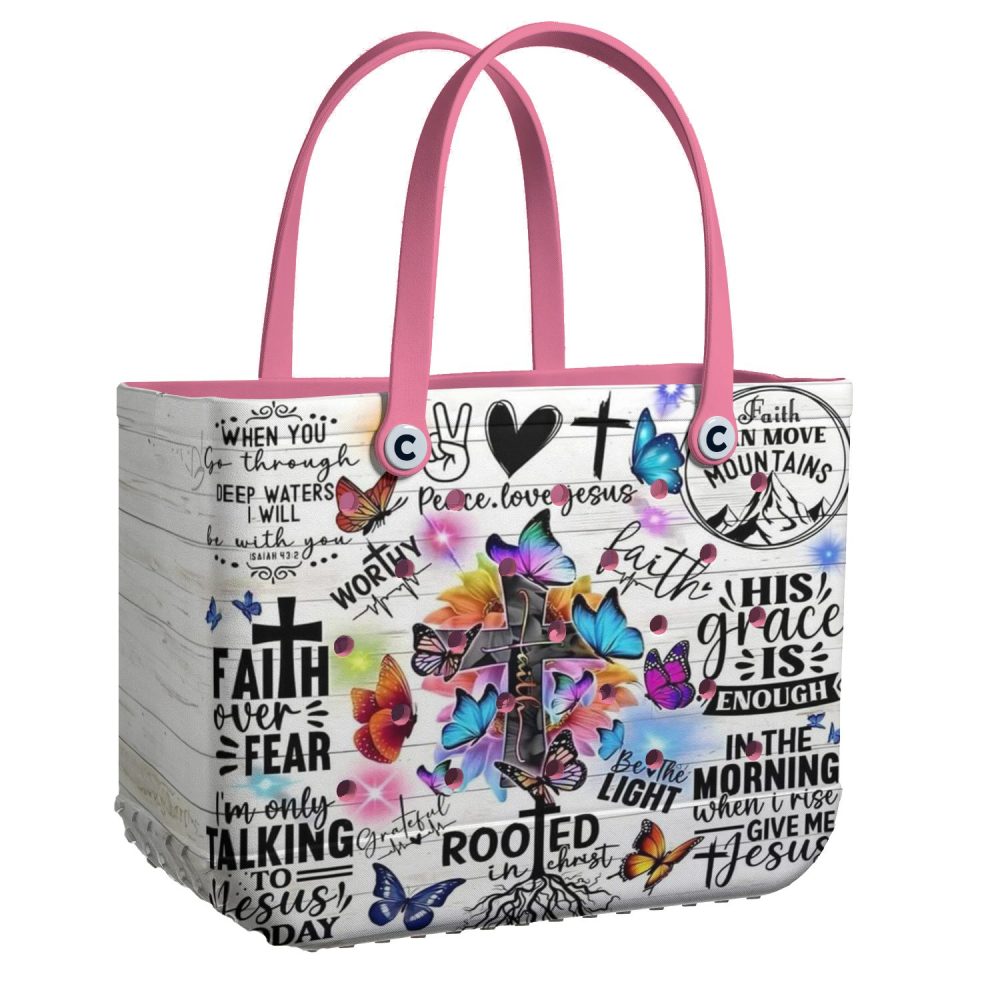 Faith-Inspired Tote Bag With Vibrant Butterfly & Cross Design - Perfect For Daily Use