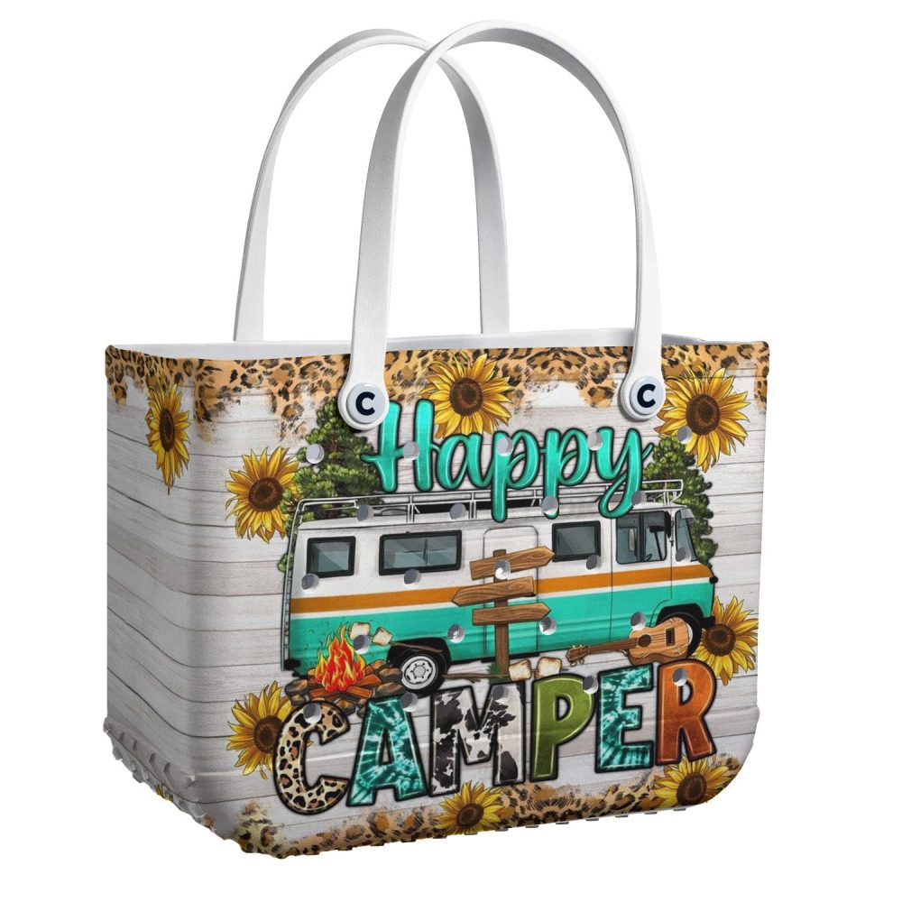 Happy Camper Tote Bag – Vibrant Sunflower & Rv Design For Outdoor Enthusiasts