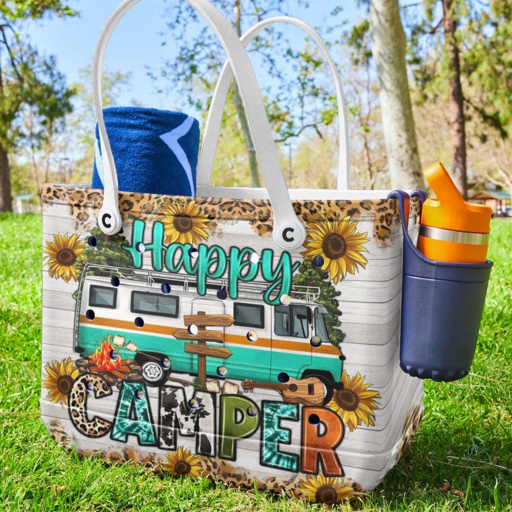 Happy Camper Tote Bag – Vibrant Sunflower & Rv Design For Outdoor Enthusiasts - Image 3