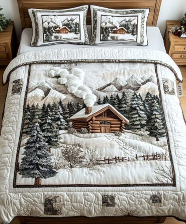 Winter Cabin Mountain 3-Piece Quilted Bedding Set