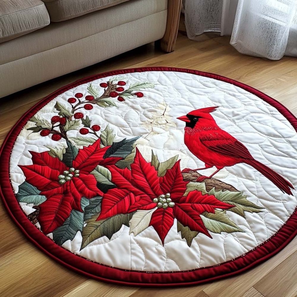 Winter Cardinal Watch Quilted Round Mat